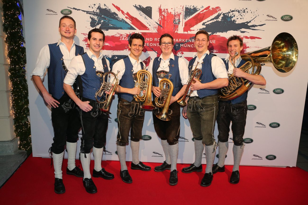MUNICH, GERMANY - DECEMBER 18:  The band 'Trombosaund' during the opening of the Jaguar Land Rover Boutique on December 18, 2015 in Munich, Germany.  (Photo by Gisela Schober/Getty Images for Jaguar Land Rover)